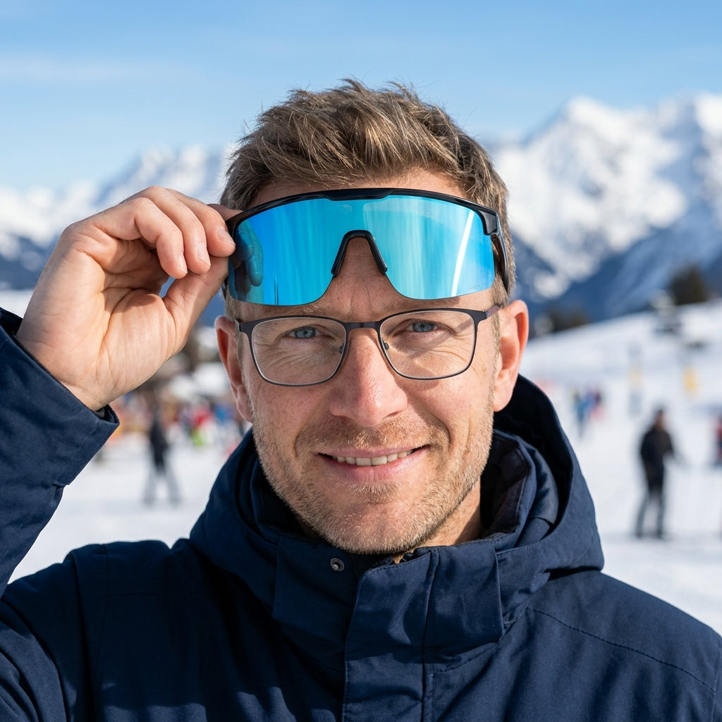SunFit Sport løftet op over almindelige briller