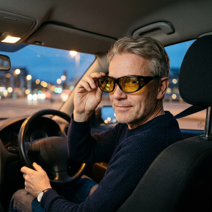 Mand sætter gule SunFit Drive-briller uden på sine egne briller i bilen